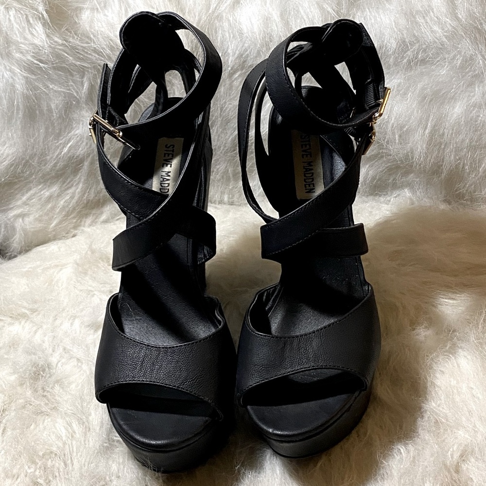 Steve Madden Strappy Black Platform Wedge Heels